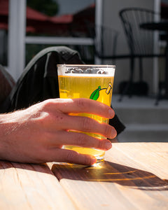 Closeup of a hand grasping a pint of beer