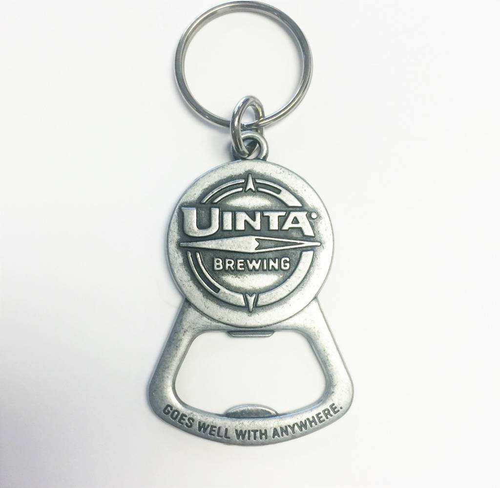 A metal bottle opener keychain with logo